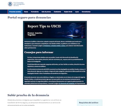 Así se ve el portal del Uscis para realizar denuncias