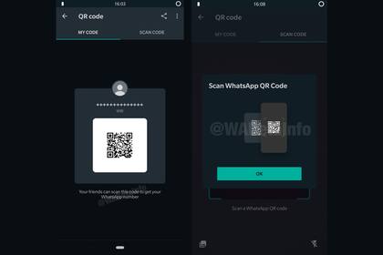 Así se ve la modalidad de contactos por códigos QR en WhatsApp, con la información personal para compartir y la opción de escaneo para sumar un número de forma automática a la libreta de direcciones