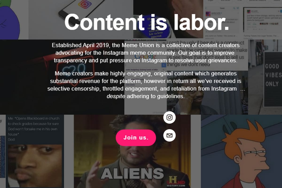 Así se ve la portada del sitio Union Memes, que convoca a los creadores (memers) a unirse para defender sus trabajos en Instagram