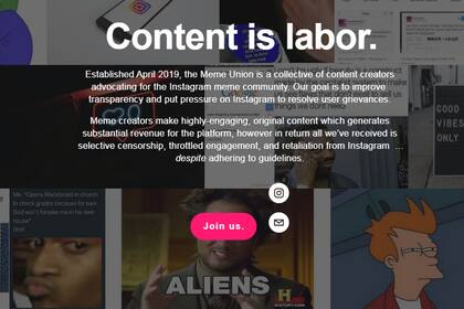 Así se ve la portada del sitio Union Memes, que convoca a los creadores (memers) a unirse para defender sus trabajos en Instagram