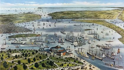 Así se veía el puerto de Nueva York, cuando las colonias declararon su independencia del imperio británico (Litografía de Currier & Ives)