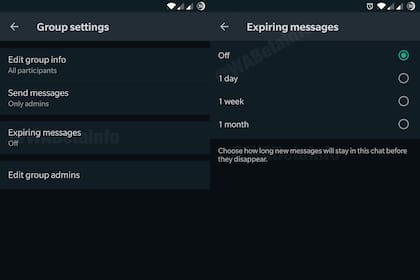 Así se ven los ajustes de los mensajes que expiran en WhatsApp, en un anticipo publicado por el sitio WABetaInfo