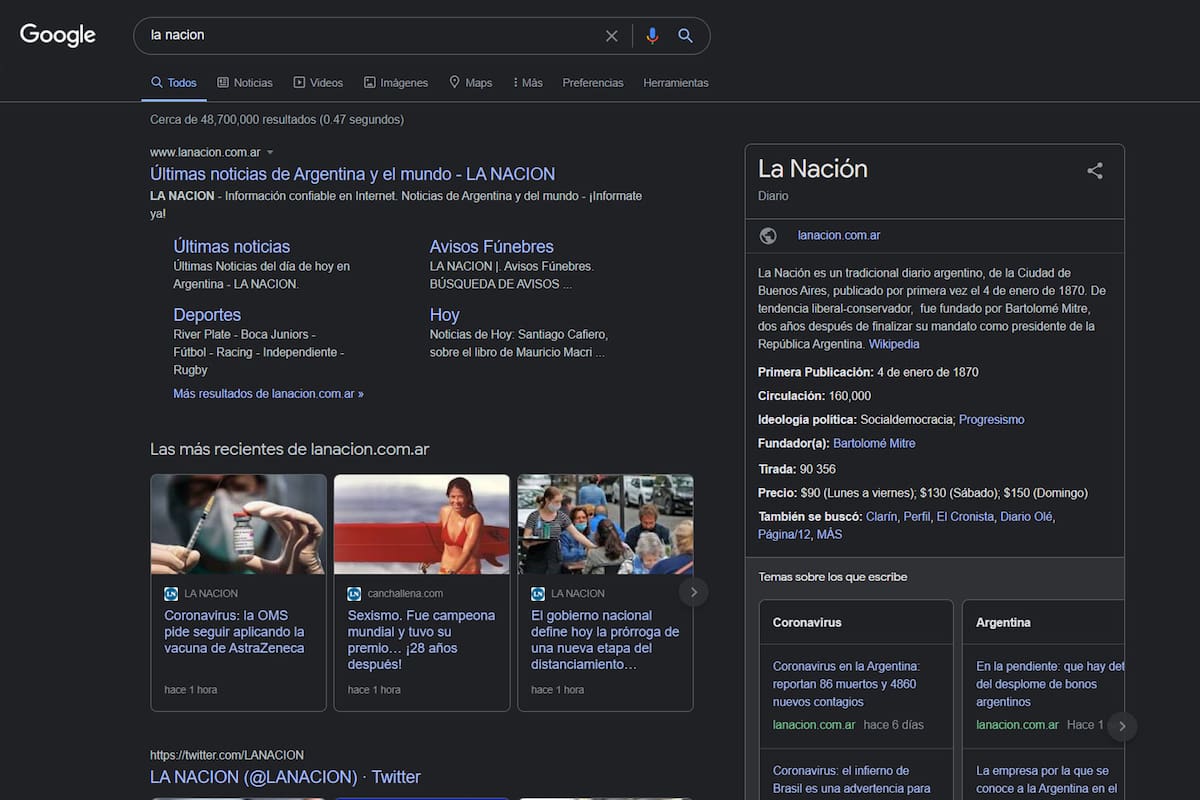 Así se ven los resultados de búsqueda de Google con el modo oscuro