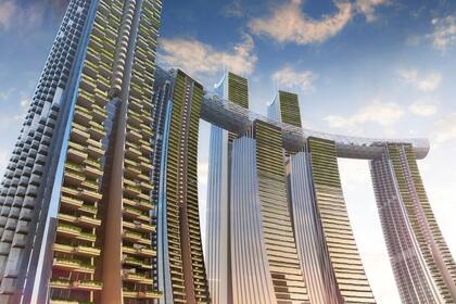 Así se verá el complejo Raffles City Chongqing cuando esté terminado; The Crystal es el puente que une los edificios