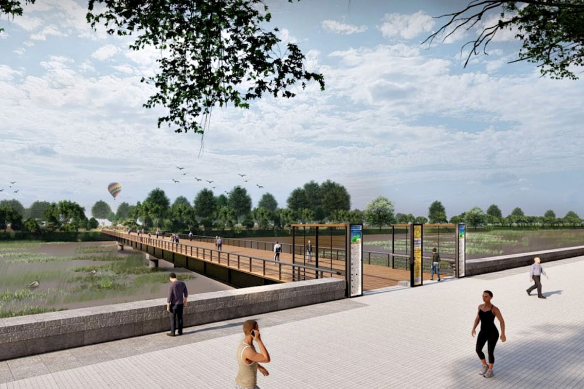 Así se verá el puente peatonal que unirá la costanera con el interior de la reserva ecológica, por encima de la Laguna de los Coipos