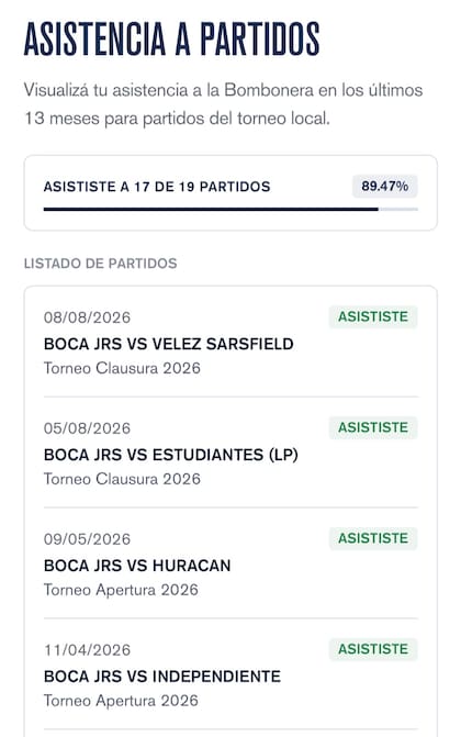 Así se visualiza la cantidad de partidos asistidos en la app Boca Socios