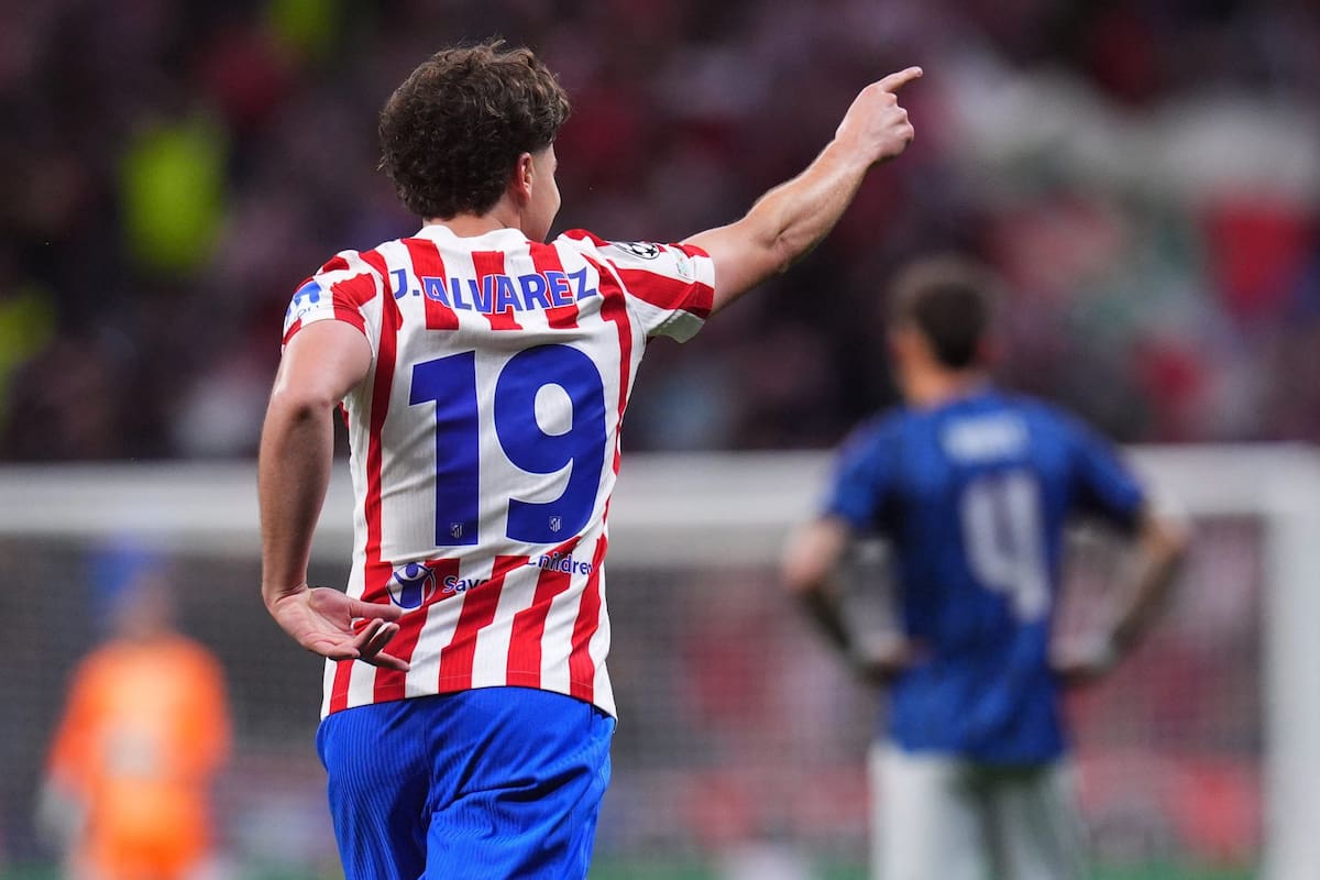 Atletico Madrid's Julian Alvarez celebrates after scoring his sides first goal during a Champions League semifinal, first leg, soccer match between Atletico Madrid and Arsenal in Madrid, Spain, Wednesday, April 29, 2026. (AP Photo/Manu Fernandez)