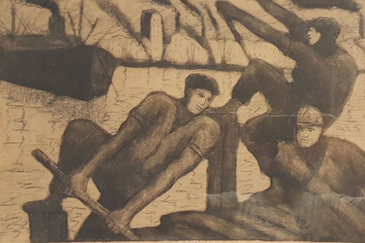 "Atracando" es una aguafuerte, está firmada por el artista y mide 35 por 50 centímetros