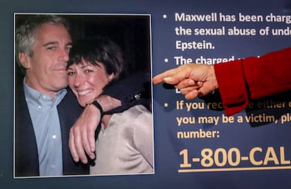 Audrey Strauss, fiscal federal interina del Distrito Sur de Nueva York, señala una foto de Jeffrey Epstein y Ghislaine Maxwell, en una conferencia de prensa en Nueva York, el 2 de julio de 2020. (AP Foto/John Minchillo, Archivo)