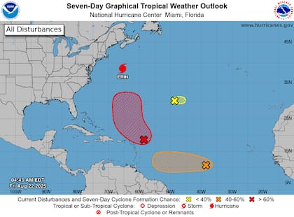 Aunque Erin comenzará a perder características tropicales transformándose en ciclón postropical, para la noche del sábado aún mantendrá vientos máximos de 81 mph (130 km/h)
