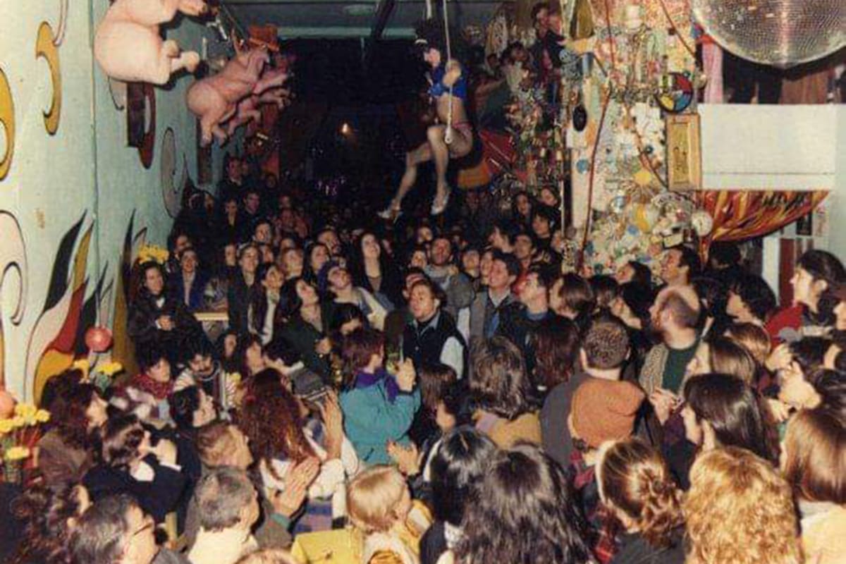 Ave Porco, en medio de una performance y con sus clásicos chanchos colgantes