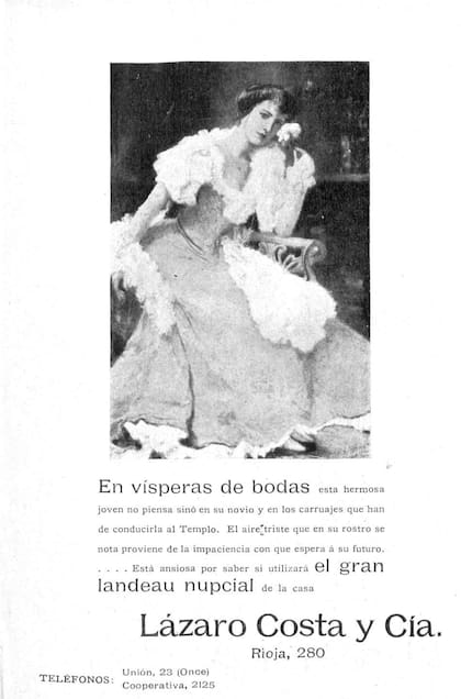 Aviso de Caras y Caretas promocionando el landeau nupcial: "la novia no piensa sino en su novio y en los carruajes que han de conducirla al templo". 1904.