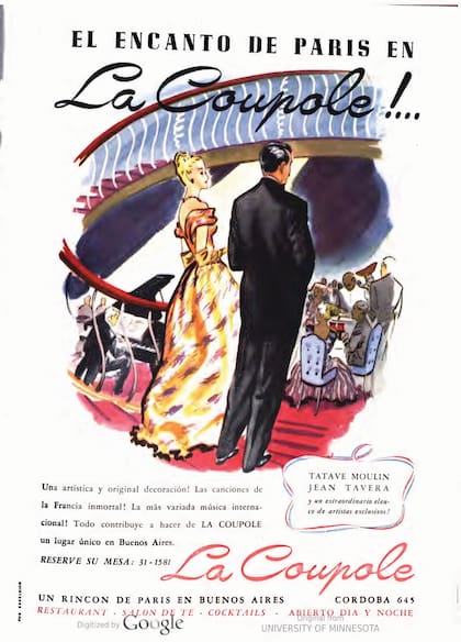 Aviso de La Coupole, anunciando la presencia de Moulin y Tavera. 1947.
