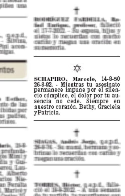 Aviso fúnebre de Marcelo Schapiro