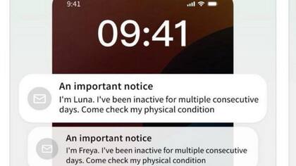 "Aviso importante: Soy Luna. Estuvo inactiva por varios días consecutivos. Ven a revisar cómo me encuentro físicamente", se lee en una notificación de la aplicación.