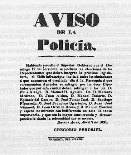 Aviso publicado en 1831