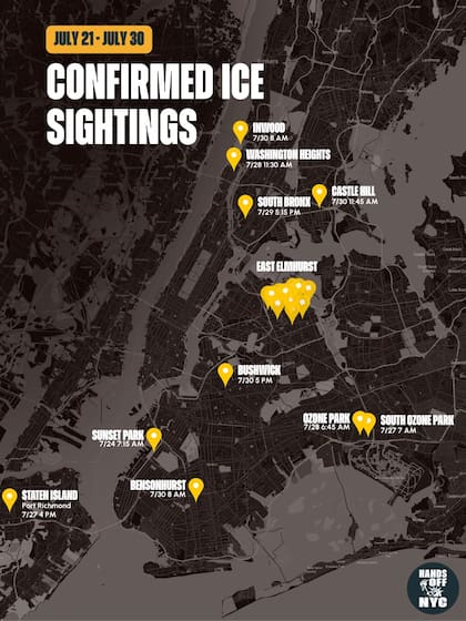 Avistamiento del ICE, según el monitoreo de Hands Off NYC