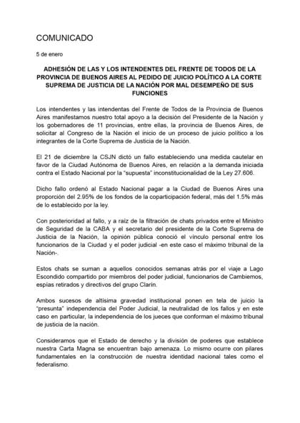 Axel Kicillof y 71 intendentes difundieron un comunicado para expresar su "total apoyo" al pedido de juicio político contra la Corte Suprema