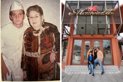 Ayer y hoy. El hermano de Mauro, Ariel Giannandrea, y su bisabuela Hilda Jones (izquierda). El local de Memorable, la empresa familiar, en Trelew.