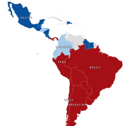 Azul oscuro: EE.UU. amplió la brecha comercial sobre China 2015-2021; celeste: EE.UU. por delante pero ventaja recortada; rojo: China amplió la ventaja comercial