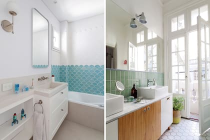 Azulejos (Noi Estudio). Grifería (Robinet). Mesada con bacha integrada de Silestone ‘Yukón’ (Marmolería Ragolia). Derecha. Pisos de granito y revestimiento color acqua (Carabath). Bacha ‘Diverta’ (Roca). Mueble (Wood Market).
