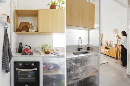Bacha de acero (Johnson) y grifería monocomando con acabado mate (Peirano). Sobre la mesada de Silestone, repasadores y cuenco de madera (todo de Claudia Adorno).