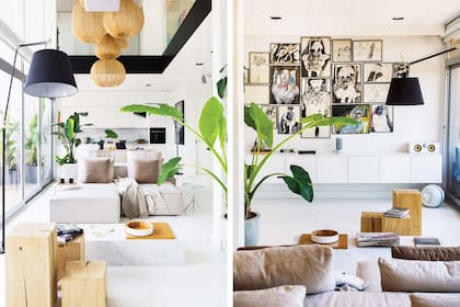 Bajo el collage, el mueble laqueado en voladizo (Arq. Ezequiel Abad) esconde artefactos led que se manejan a control remoto para crear distintos efectos, como cambiar de color según la música.