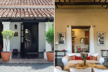 Bajo la galería cubierta con tejas musleras (artesanías salteñas de largo arraigo) la puerta da paso al living de la foto derecha. Las fotos en blanco y negro de Marcos Furer acompañarán en distintos tramos del recorrido.