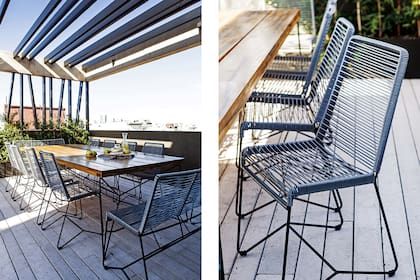 Mesa modelo Frac y sillas Tihla en hierro y PVC (todo de Increa). Los tubos de hierro son tutores para las enredaderas que formarán una pérgola verde dando sombra a la zona de comer.