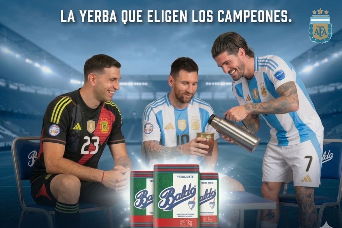 Baldo y la imagen de Messi, De Paul y Dibu. No pueden decir taxativamente que es "la que toma Messi" pero si utilizar imágenes de los campeones mundiales.