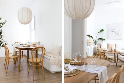 Banco revestido en madera ranurada y laqueada (Somos Wood Craft). Almohadones y manta (Millie Muller). Colchoneta con funda (Innovation Home). Cubiertos dorados (Philippa Deco Boutique). Aberturas de PVC (Renueve).