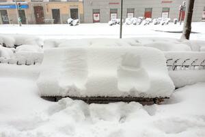 Bancos que casi no se distinguen debajo del grueso manto de nieve, en el centro de la ciudad.