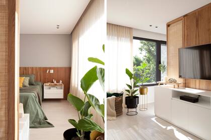 Bandeja de madera (Cecé Piumé) con objetos deco (Philippa Deco Boutique) y vela (Bohemia Velas). Plantas y macetas (Ciudad Naturaleza).