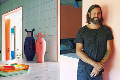 Bandeja geométrica (Hay) y jarrones diseñados por el español Jaime Hayon para BD Barcelona. Daniel Heckschler, feliz dueño de casa.