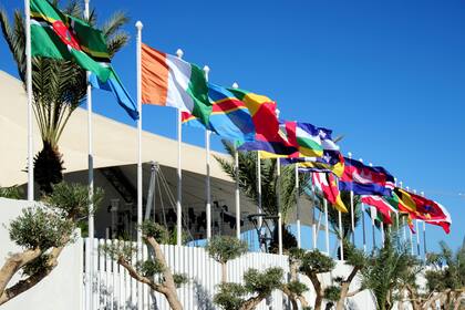 Banderas de diversos países ondean a la entrada de la sede de la 18va Conferencia Francófona en Djerba, Túnez, el 18 de noviembre del 2022. (AP Foto/Hassene Dridi)