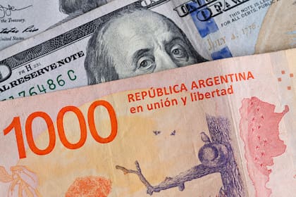 Banknotes of one thousand Argentine pesos and bills of 100 US Dollars.