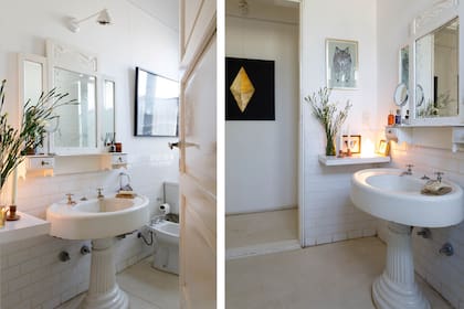 Baño con lavatorio de pie antiguo. En el pasillo, la obra “Asteroide”, de Estanislao Fagnilli.