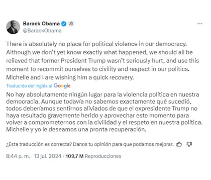 Barack Obama se solidarizó con el expresidente Trump luego del intento de asesinato