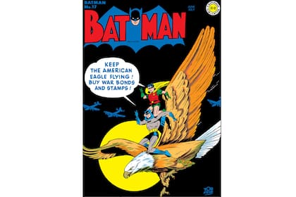El Dúo Dinámico vende bonos de guerra durante la Segunda Guerra Mundial. Dibujo de James Robinson, firmado por Bob Kane