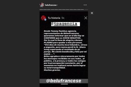 Belén Francese confirmó desde su cuenta de Instagram que ya no tiene Covid-19