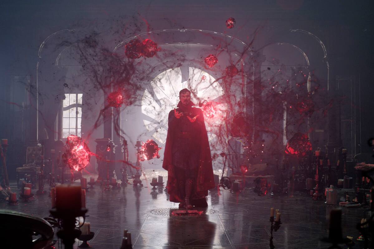 (L-R): Rachel McAdams as Dr. Christine Palmer, Benedict Cumberbatch as Dr. Stephen Strange, and Xochitl Gomez as America Chavez in Marvel Studios' DOCTOR STRANGE IN THE MULTIVERSE OF MADNESS. Photo courtesy of Marvel Studios. ©Marvel Studios 2022. All Rights Reserved.