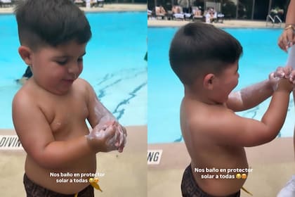 Benjamín Fernández se divirtió con el protector solar antes de meterse a la pileta (Foto: Captura de video / Instagram @carocalvagni)
