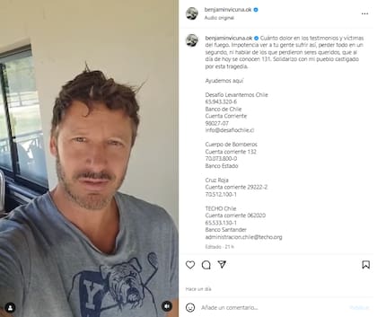 Benjamín Vicuña pidió colaboración ante el difícil momento que atraviesa Chile por los incendios forestales (Foto: Instagram @benjaminvicuna.ok)