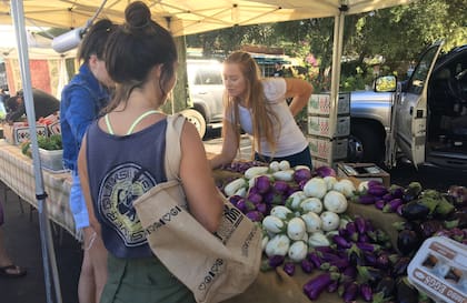 Berenjenas y otras verduras orgánicas de fincas locales en el Farmer´s Market.