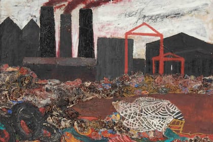 Las obras del artista rosarino alguna vez cruzaron la barrera del millón de dólares, pero su época de oro en el mercado del arte se apagó con el cambio de siglo; en esta foto, su collage "Fábricas", de la década mejor cortizada, 1960, se vendió en 130 mil dólares por Roldán