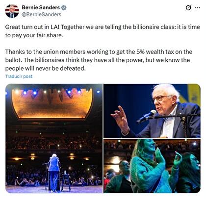 Bernie Sanders busca apoyo para el impuesto a la riqueza en California