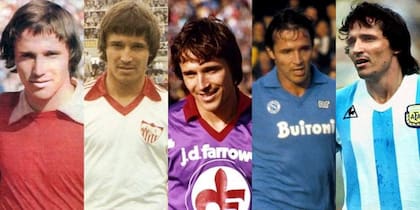 Bertoni y casi todas sus camisetas: Independiente, Sevilla, Fiorentina, Napoli y la selección, sólo faltan los extremos, Quilmes ("mi primer gran amor", como él lo define) y Udinese, donde se retiró en 1987