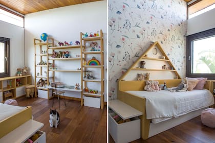 Biblioteca con estructura de guatambú macizo con escritorio y estantes laqueados blancos. Cama de diseño lúdico con respaldo lateral y banco con cajones para los juguetes (Victoria D'Ornellas).