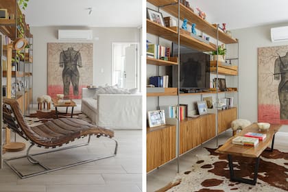 Biblioteca de tres módulos en petiribí (Talleres Sustentables) con estructura de hierro y estantes regulables. Sillón y mesa baja con tapa de guayubira (Filipponi Deco).
