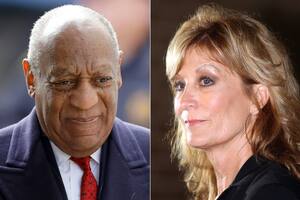 Bill Cosby arrives for his sexual assault trial in Norristown, Pa. on April 20, 2018, left, and Judy Huth appears at a press conference outside the Los Angeles Police Department's Wilshire Division station in Los Angeles on Dec. 5, 2014. Eleven months after he was freed from prison, Cosby, 85, will again be the defendant in a sexual assault proceeding, this time a civil case in California. Huth, who is now 64, alleges that in 1975 when she was 16, Cosby sexually assaulted her at the Playboy Mansion. (AP Photo)